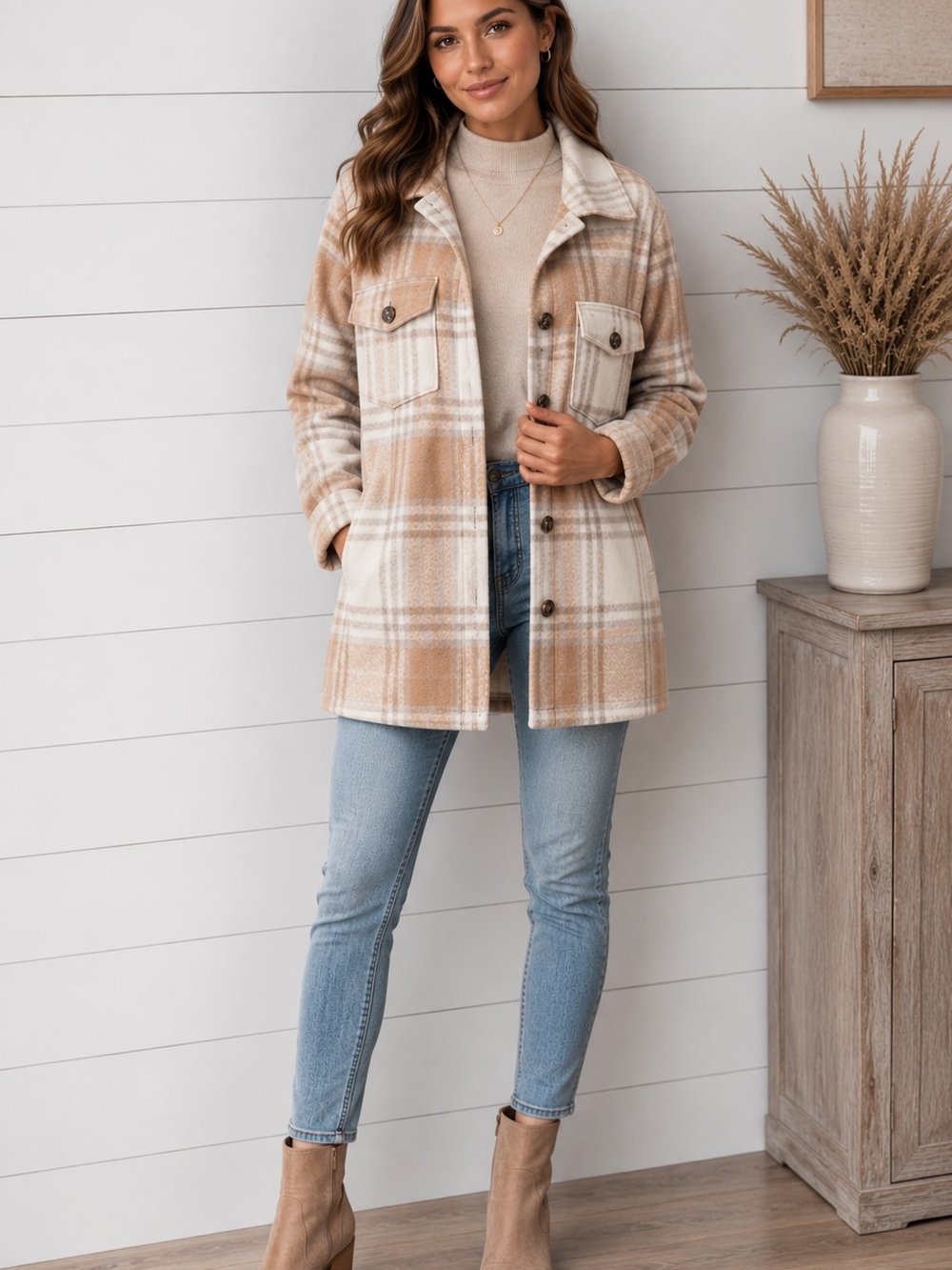 Lascana Button Up Outerwear Jacket in Beige/Cream-NEW